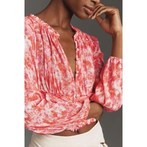 By Anthropologie Long Sleeve Femme Ruched Cropped Top S - Picture 1 of 14